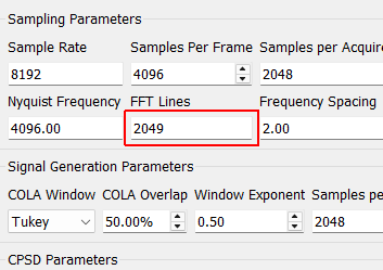 FFT Lines The number of frequency lines in the Fast Fourier Transform output, which is the number of frequency lines that will be in the Transfer Function and CPSD matrices.