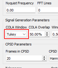 COLA Window Window function to use when performing the Constant Overlap and Add to combine time realizations into a continuous signal.  A Hann window is limited to 50% overlap.  Tukey windows can have variable overlap.