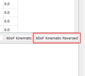 Output Transformation 6DoF Kinematic Reversed Sets the output transformation matrix to a kinematic transformation matrix based on a typical 6-DoF shaker configuration, such as that found in the Team Tensor shaker. This default switches the signs on some of the coefficients based on shaker wiring.