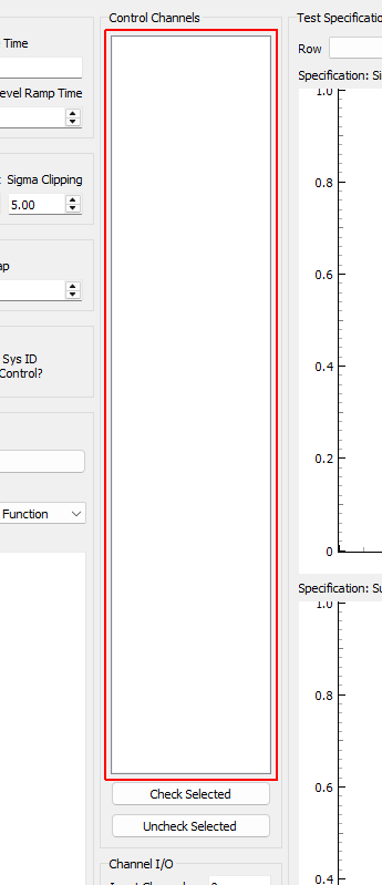 Control Channels Channels that are checked will be used as the control channels for this environment.  The control channels should be ordered in the specification the same way they are ordered in this list.  For example, the first row and column of the specification CPSD matrix will correspond to the first checked channel in this list.