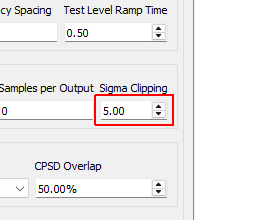 Sigma Clipping Number of standard deviations to include in the output signal. A value of 5 corresponds to effectively no clipping. A value of 3 is commonly used to reduce peak displacement.  Setting this value too low will result in loss of dynamic range and non-gaussian output signals.