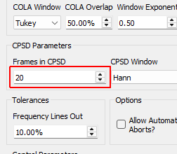 Frames in CPSD Number of measurement frames to use when computing CPSD matrices.  Fewer frames will result in more responsive control.  More frames will result in better averaging and noise rejection.