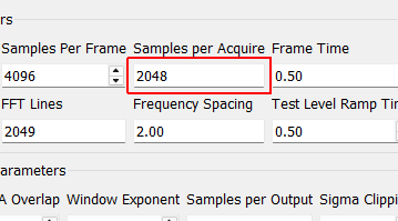 Samples per Acquire Number of samples that the control process processes at a time. This will be equal to the Samples per Frame * (1 - Overlap Percentage / 100). This need not correspond to the read or write size of the data acquisition system as the control process acquisition is buffered.