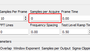 Samples per Acquire Number of samples that the control process processes at a time. This will be equal to the Samples per Frame * (1 - Overlap Percentage / 100). This need not correspond to the read or write size of the data acquisition system as the control process acquisition is buffered.