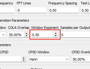 Window Exponent Exponent that the window function is raised to.  This should typically be 0.5 to ensure a constant variance in the signal.  Don’t change this value unless you know what you’re doing.