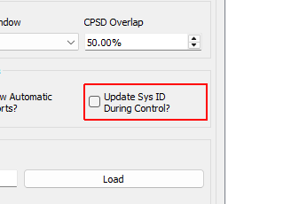 Update Sys ID During Control? Checking this box will allow the controller to continually update the system identification to perhaps get a better control for nonlinear structures.  Use with caution! If, for example, a shaker becomes disconnected, the controller will see the system identification between that shaker and the control channels become very small, and it will therefore try to push the shaker harder to make up for the poor transfer function, so the problem could explode.