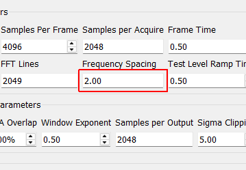 Frequency Spacing The frequency resolution of the measurement, computed by 1/Frame Time.
