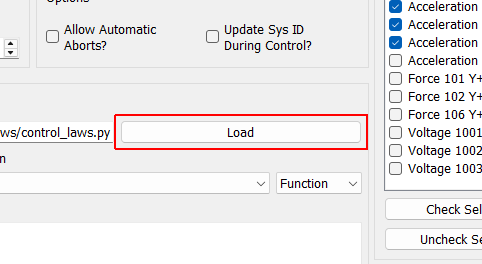 Load Opens a file dialog to load in a Python script containing the control law.