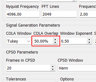 COLA Overlap Percentage overlap between frames that are assembled using the Constant Overlap and Add