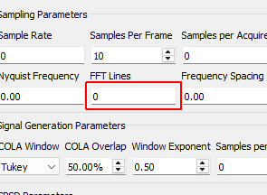 FFT Lines The number of frequency lines in the Fast Fourier Transform output, which is the number of frequency lines that will be in the Transfer Function and CPSD matrices.