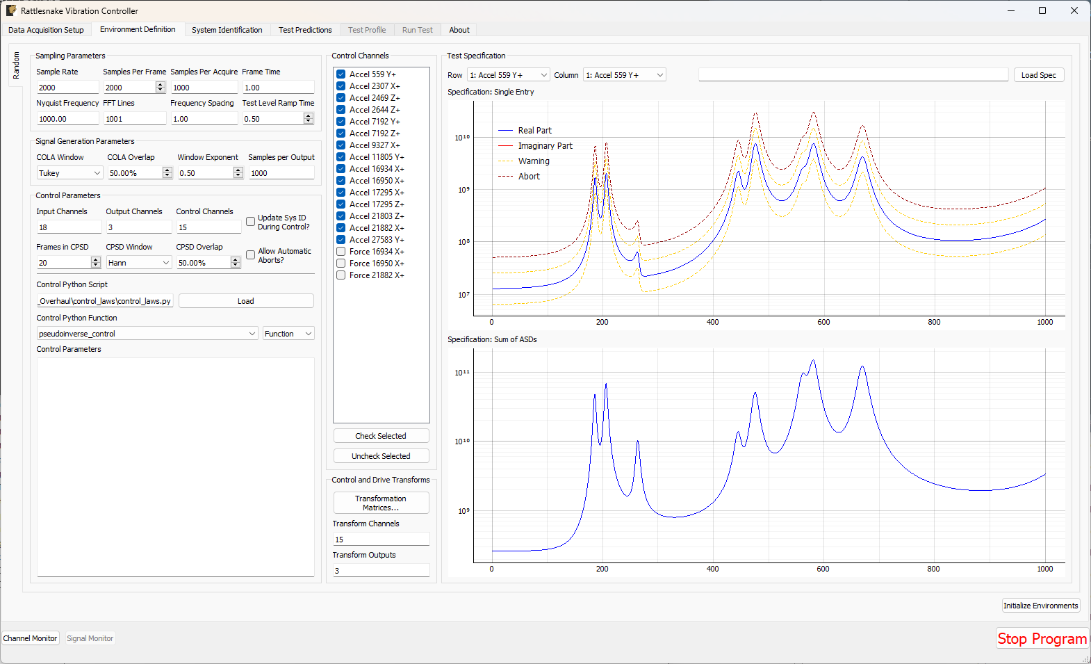 GUI used to define a MIMO Random Vibration environment.