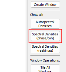 Show All Spectral Densities (phase/coh) Show the entire CPSD matrix. This will show Autospectral Densities on the diagonal, and phase and coherence on the off-diagonals. WARNING: this will create a number of windows equal to the number of control channels squared, which for large tests could be a huge number of windows that can bog down the user interface of the software and make it unresponsive.