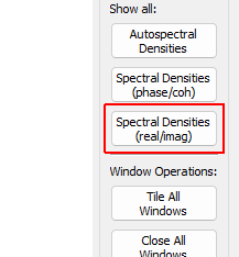 Show All Spectral Densities (real/imag) Show the entire CPSD matrix. This will show Autospectral Densities on the diagonal, and real and imaginary parts on the off-diagonals. WARNING: this will create a number of windows equal to the number of control channels squared, which for large tests could be a huge number of windows that can bog down the user interface of the software and make it unresponsive.