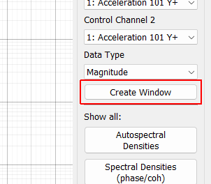 Create Window Creates a new window to visualize the response of a given entry in the CPSD matrix with Control Channel 1 and Control Channel 2 specifying the row and column of the CPSD matrix, and Data Type specifying how the channel is displayed.