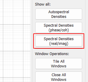 Show All Spectral Densities (real/imag) Show the entire CPSD matrix. This will show Autospectral Densities on the diagonal, and real and imaginary parts on the off-diagonals. WARNING: this will create a number of windows equal to the number of control channels squared, which for large tests could be a huge number of windows that can bog down the user interface of the software and make it unresponsive.