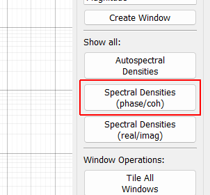 Show All Spectral Densities (phase/coh) Show the entire CPSD matrix. This will show Autospectral Densities on the diagonal, and phase and coherence on the off-diagonals. WARNING: this will create a number of windows equal to the number of control channels squared, which for large tests could be a huge number of windows that can bog down the user interface of the software and make it unresponsive.