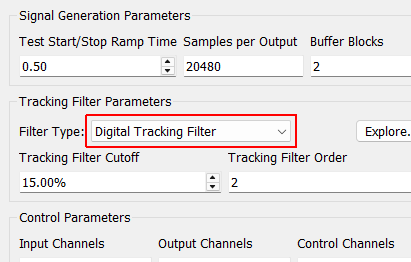 Filter Type The type of filter used to extract the sinusoidal components from the running time data.  The Digital Tracking Filter is a less computationally intensive filter, but can struggle to reject noise, other environments, or multiple sine tones.  The Overlapped Vold-Kalman filter will do a better job rejecting noise and other environments, and can seamlessly handle multiple overlapping sine tones if they are all defined in this environment.  For large tests, the Overlapped Vold-Kalman filter may not be able to be run real-time, which can cause underflow issues as the controller is waiting for its next control decision.  It is highly recommended that users use the Explore... button to carefully evaluate their filter parameters and computational complexity!