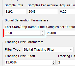 Test Start/Stop Ramp Time Time in seconds that the controller takes to change the test level to or from zero. The test level is changed smoothly to prevent damaging the excitation hardware or part under test. Larger numbers will result in a more smooth transition between test levels, while smaller numbers will make the test level change more quickly.