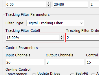 Tracking Filter Cutoff A cutoff in percent of the nominal frequency to use in the digital tracking filter.  This value allows the user to specify the trade-off between a faster filter with less noise rejection and a slower filter with more noise rejection.
