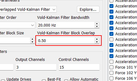 Vold-Kalman Filter Block Overlap The Vold-Kalman filter is meant to be run on entire signals and has start and end effects. To transform the Vold-Kalman filter into an on-line filter, an Overlap-and-Add strategy is utilized. This parameter specifies the overlap between subsequent measurement frames, aiming to remove the end effects of the filter.