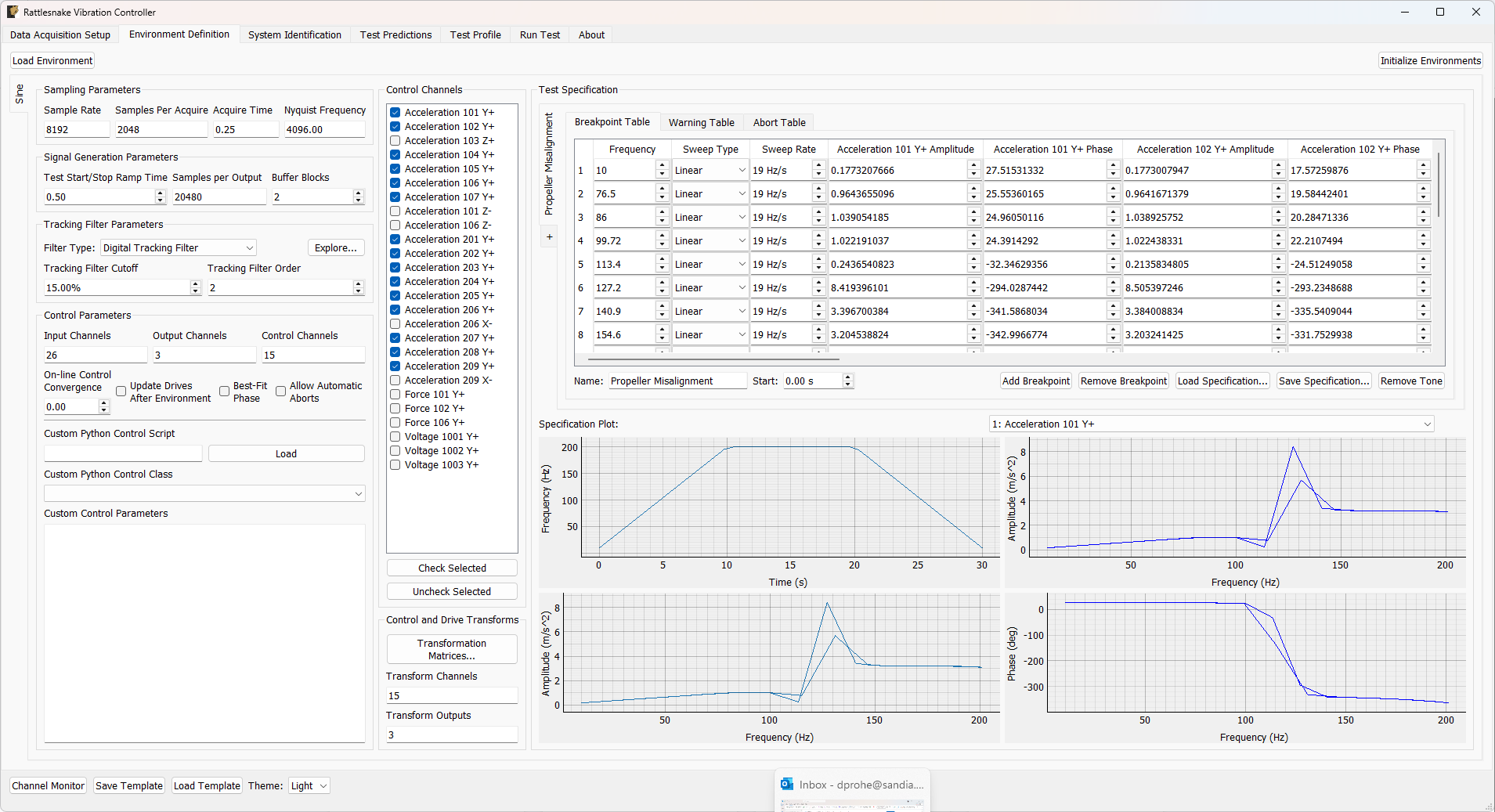 UI used to define a MIMO Random Vibration environment.