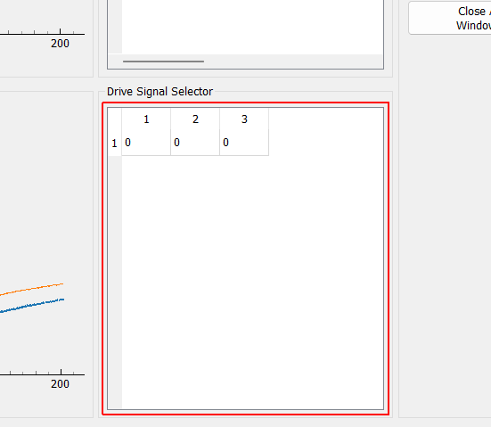 Drive Signal Selector Shows the magnitude of the closed-loop updates applied to the drive signals for each drive signal (column) and sine tone (row). Selecting a cell will display that drive signal and sine tone in the Drive Updates plot.