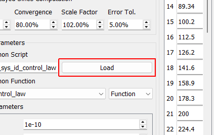 Load Opens a file dialog to load in a Python script containing the control law.