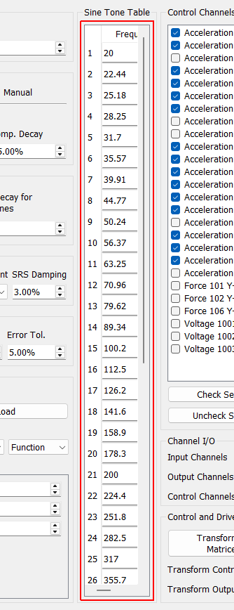 Sine Tone Table The sine tones and decay values used in the test are listed here. If sine tone frequencies or decay values are specified manually, they can be set in this table.