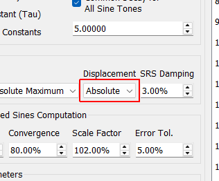 Displacement This specifies what displacement type is measured by the SRS. Absolute displacement refers to the oscillator’s motion in inertial space. Relative displacement refers to the oscillator’s motion relative to its base motion.