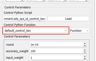 Control Python Function Selects the function or class in the Python script to use as the control law.