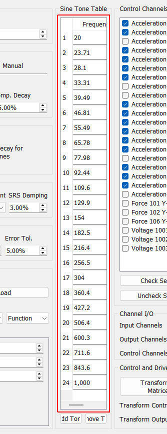 Sine Tone Table The sine tones and decay values used in the test are listed here. If sine tone frequencies or decay values are specified manually, they can be set in this table.