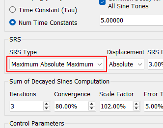 SRS Type This specifies the type of SRS to compute. There are many different SRS types, including: Primary refers to the peak occuring during the pulse. Residual refers to the peak occuring after the input has ended. Positive, Negative, and Absolute Maximum refer to the maximum positive, maximum negative, and maximum absolute value of response. Primary Positive Largest positive response during input Primary Negative Largest negative response during input Primary Absolute Maximum Largest magnitude response during input Residual Positive Largest positive response after input ends Residual Negative Largest negative response after input ends Residual Absolute Maximum Largest magnitude response after input ends Maximum Positive Largest positive response over entire event Maximum Negative Largest negative response over entire event Maximum Absolute Maximum Largest magnitude response over entire event