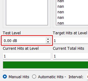 Test Level Sets the current test level in dB.  0 dB is the actual test level from the specification.  Negative values reduce the shock level; positive values increase it.