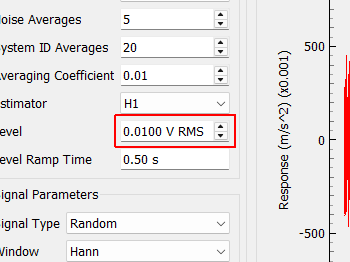 Level Root-mean-square voltage level to play to the shakers when computing system identification