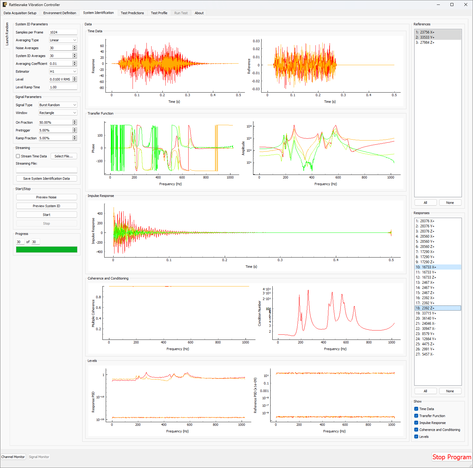 System identification tab showing various signals and spectral quantities that can be used to evaluate the test.