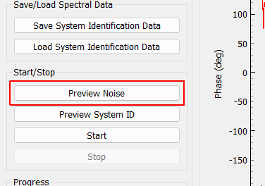 Preview Noise Starts the noise identification of the system identification process in preview mode. No excitation will be applied to the shakers. The preview will continue until stopped manually.