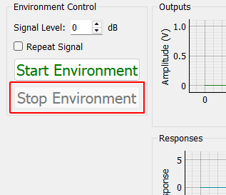 Stop Environment Stops the signal currently playing.  It will ramp down the signal to zero over the time specified by the Cancel Rampdown Time parameter on the Environment Definition tab.