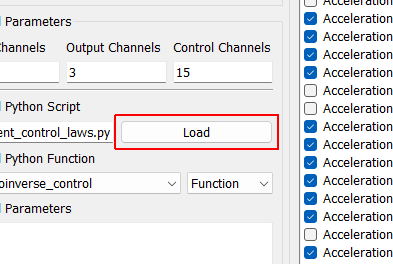 Load Opens a file dialog to load in a Python script containing the control law.