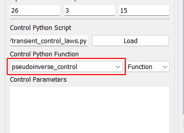 Control Python Function Selects the function, generator function, or class in the Python script to use as the control law.