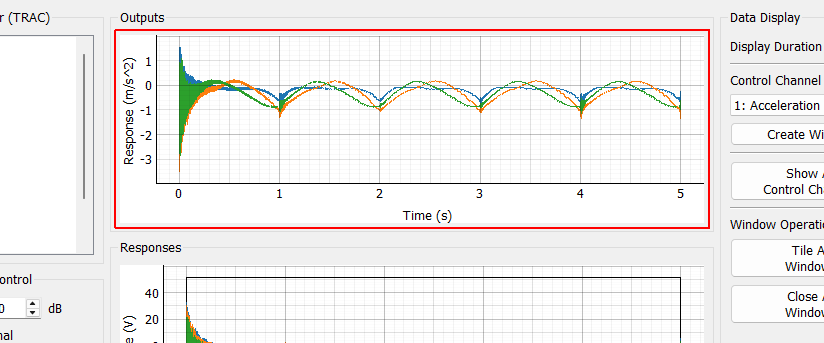 Outputs Plot Displays the recently acquired output signals.  For long transients, displaying too much data on the screen at once can cause performance issues, so the amount of data plotted can be specified with the Display Duration selector.