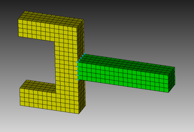 Mesh generated by Cubit showing the two element block components and the boundary nodes between them