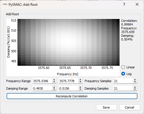 Add Root dialog after converging on a frequency and damping.
