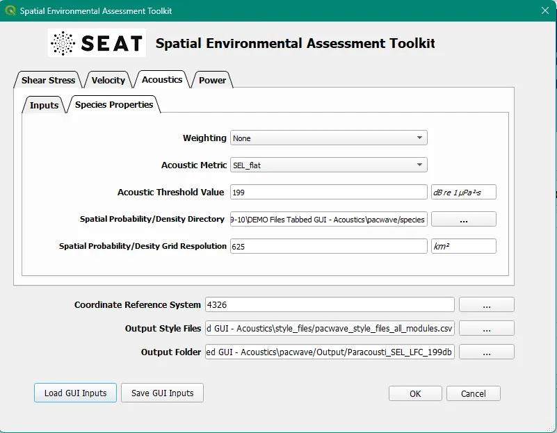 Tanana species properties example input